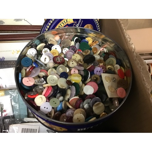 2110 - 2 Tins of buttons and box of haberdashery items and approx. 12 cross-stitch framed pictures and book