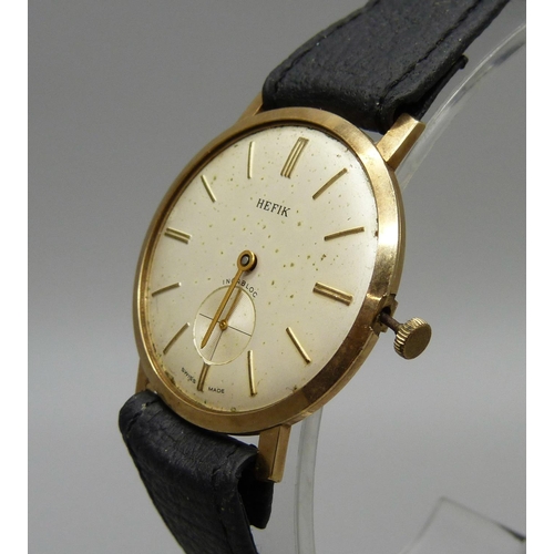 1007 - A Hefik 9ct gold dress wristwatch in Hefik box, glass and crown loose, one hand missing