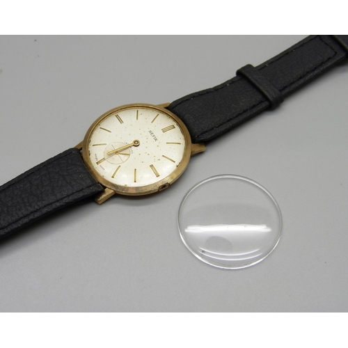 1007 - A Hefik 9ct gold dress wristwatch in Hefik box, glass and crown loose, one hand missing