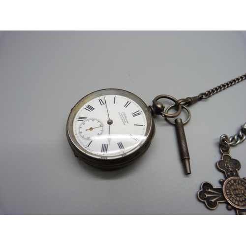 1018 - A silver lever pocket watch, a silver Albert chain and fob