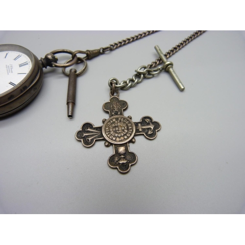 1018 - A silver lever pocket watch, a silver Albert chain and fob