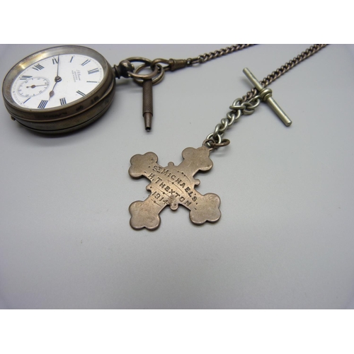 1018 - A silver lever pocket watch, a silver Albert chain and fob