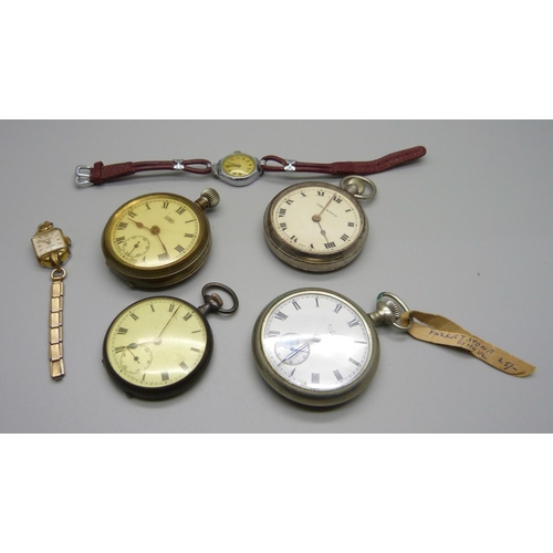 1022 - Four pocket watches including Elgin and two lady's wristwatches