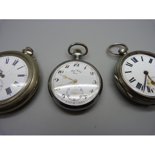 1039 - A silver pocket watch, Chester 1900 and two others