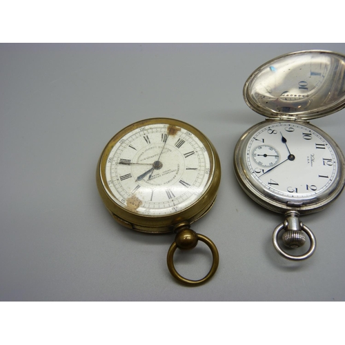 1045 - A silver plated Waltham hunter pocket watch, case a/f, a chronograph pocket watch and a protective c... 