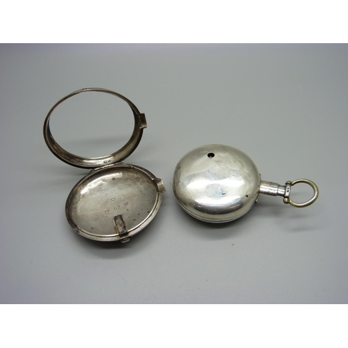 1088 - A silver pair case verge pocket watch, case maker's mark IG, hallmarked London 1813 and 1814, moveme... 