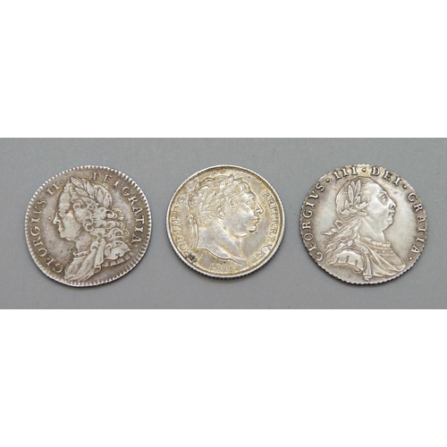 1089 - Three sixpence coins, George II 1757, George III 1787 and 1816