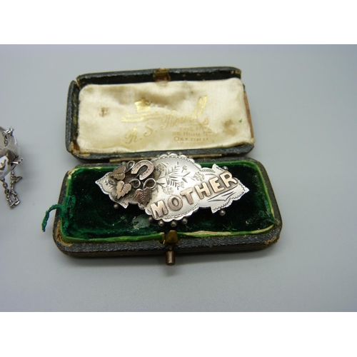 1090 - A Victorian silver 'Mother' brooch and a Siam silver snake bangle, 23g