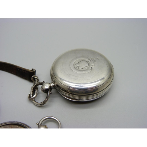 1099 - A silver cased fob watch, lacking glass and a silver watch case