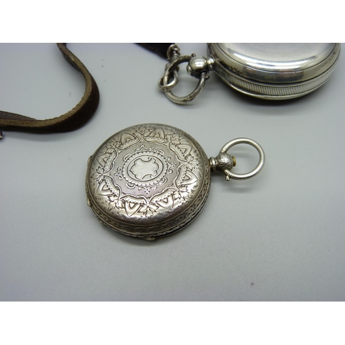 1099 - A silver cased fob watch, lacking glass and a silver watch case