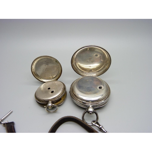 1099 - A silver cased fob watch, lacking glass and a silver watch case