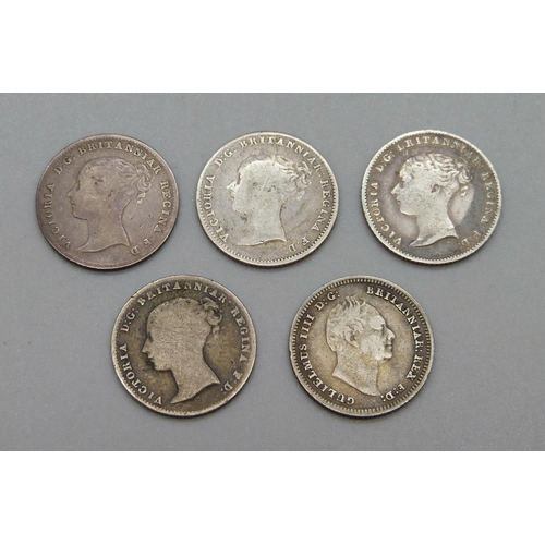 1100 - Five 19th Century four pence coins, 1837, 1839, 1840, 1842 and 1843