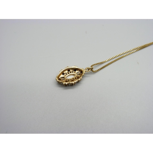 1102 - A 9ct gold, opal and sapphire pendant and chain, 4.6g