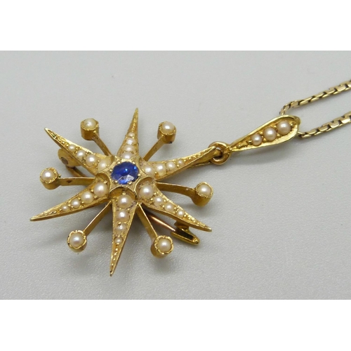 1118 - A Victorian 15ct gold star pendant and 9ct gold chain, set with a sapphire and seed pearls, 6.9g