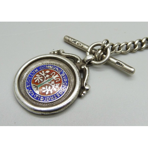 1130 - A silver Albert chain with graduated links and an enamel fob, 34g