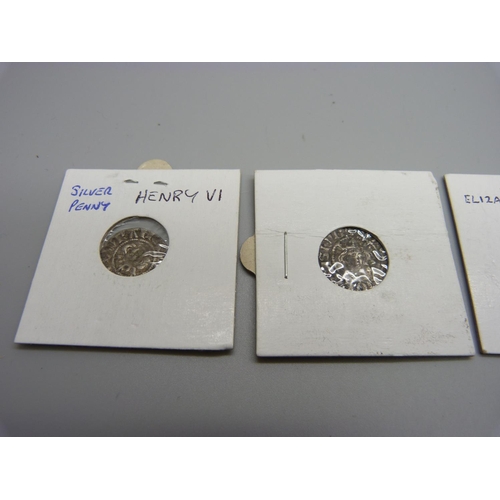 1153 - Four assorted hammered silver coins, comprising Elizabeth I Threepence, Edward I Long Crtoss Penny, ... 