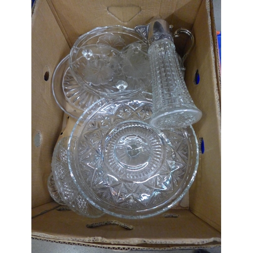 1180 - Two boxes of mixed crystal and glass; decanters, bowls, a claret jug with plated top, etc. **PLEASE ... 