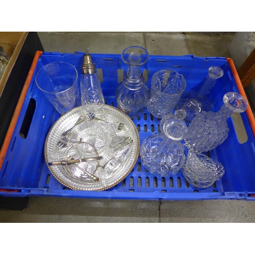 1180 - Two boxes of mixed crystal and glass; decanters, bowls, a claret jug with plated top, etc. **PLEASE ... 