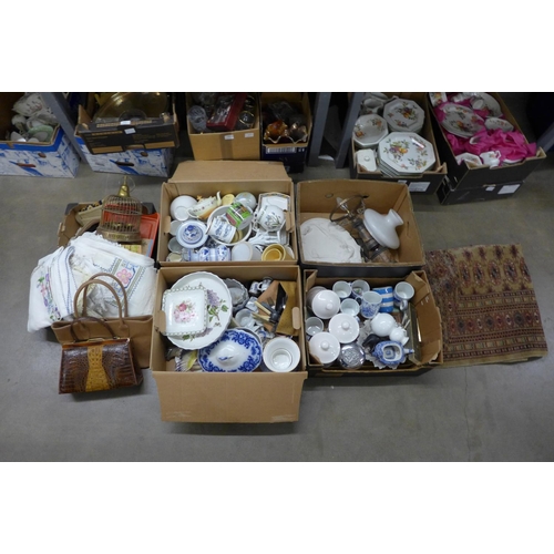 1187 - Five boxes of mixed china and household items including table lamp, rug, bird cage**PLEASE NOTE THIS... 