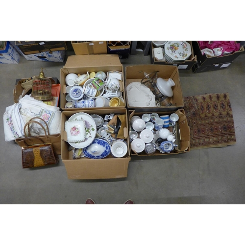 1187 - Five boxes of mixed china and household items including table lamp, rug, bird cage**PLEASE NOTE THIS... 