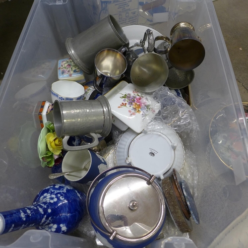 1213 - Two boxes of mixed china and metalwares **PLEASE NOTE THIS LOT IS NOT ELIGIBLE FOR POSTING AND PACKI... 