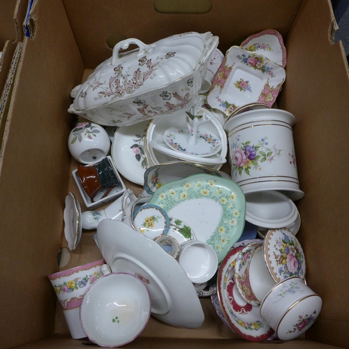 1214 - Two boxes of decorative china, Staffordshire, Old Foley, Royal Albert, Aynsley, etc. **PLEASE NOTE T... 