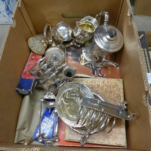 1215 - Two boxes of mixed silver plate, tea services, flatware, trays, candlesticks, wine coaster and other... 