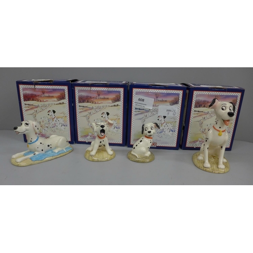 608 - Four Royal Doulton Dalmatians, comprising Pongo, Perdita, Penny yawning and Lucky