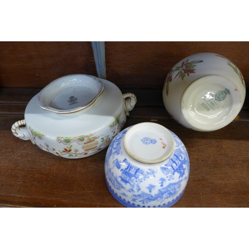 653 - A Royal Worcester blush ivory jug, a blue and white Willow pattern bowl and a chinoiserie bowl (3)