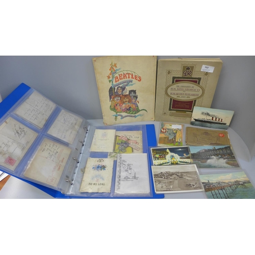 702 - A collection of postcards and cigarette cards and a Beatles illustrated lyrics book