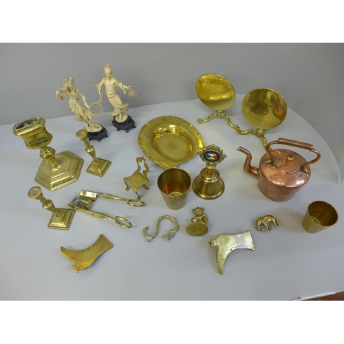 709 - A collection of brass items, and a miniature copper kettle