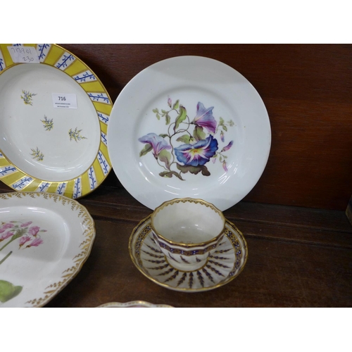 716 - An early 19th Century Derby hand painted cup and saucer, three Derby plates and a Derby soup bowl wi... 