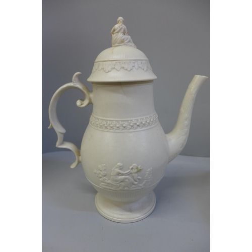 718 - A Leeds ware hors d'oeuvres dish with pierced lid and a 19th Century relief moulded coffee pot, a/f ... 