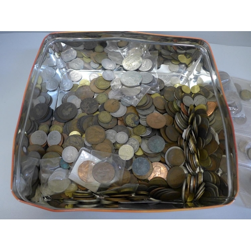 732 - Coins: a tin of coins, mainly British but some world