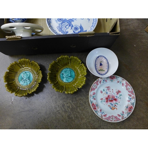 734 - A Russian porcelain bowl on a crimson ground decorated with flowers, a pair of continental majolica ... 