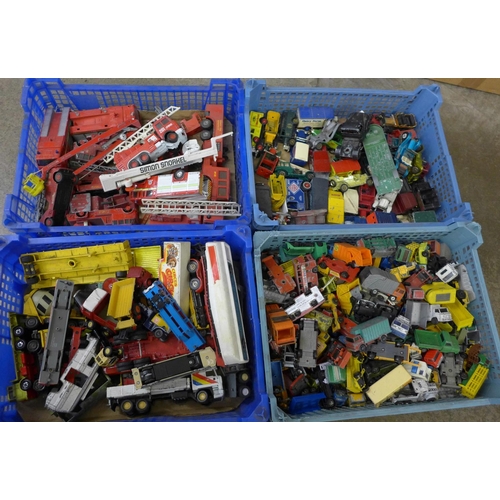 739 - Four boxes of model vehicles including Dinky and Matchbox, playworn