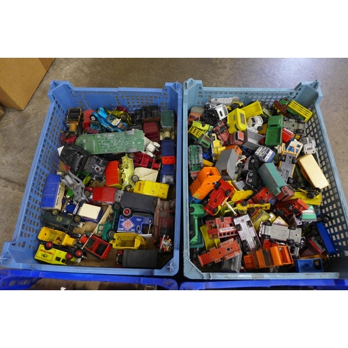 739 - Four boxes of model vehicles including Dinky and Matchbox, playworn