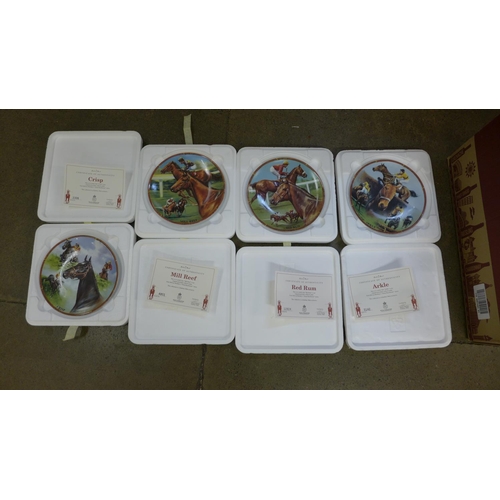 801 - A box of Danbury Mint Great Racehorses plates and six bone china mugs, Racing Legends