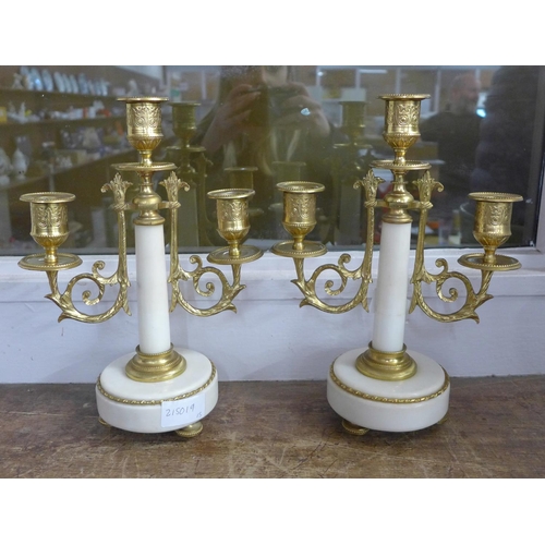 813 - A pair of 19th Century gilt bronze and marble double light candelabra, 26.5cm, one repaired