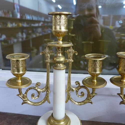 813 - A pair of 19th Century gilt bronze and marble double light candelabra, 26.5cm, one repaired