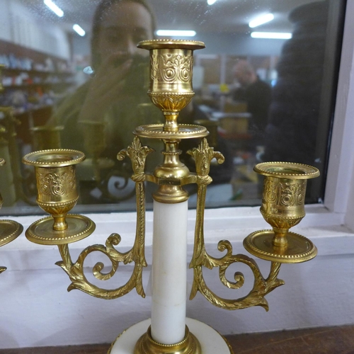 813 - A pair of 19th Century gilt bronze and marble double light candelabra, 26.5cm, one repaired