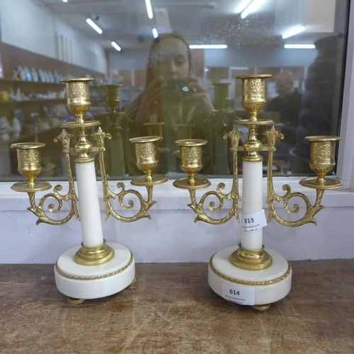 813 - A pair of 19th Century gilt bronze and marble double light candelabra, 26.5cm, one repaired