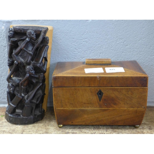 825 - A wooden tea caddy and an African wooden sculpture