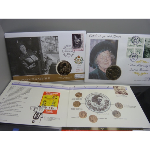 860 - Seven commemorative coins including two coin covers