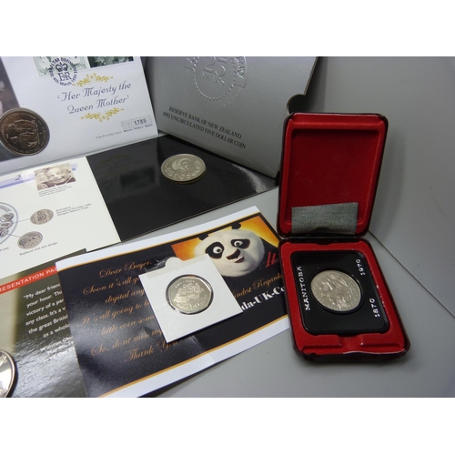 860 - Seven commemorative coins including two coin covers