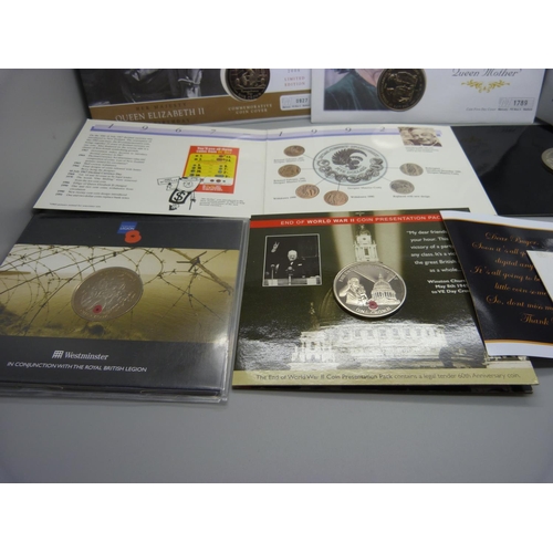 860 - Seven commemorative coins including two coin covers