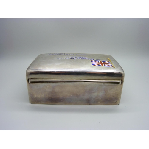 873 - A silver cigarette box with enamelled decoration to the lid, 'Charles Friswell's Compliments, Imperi... 