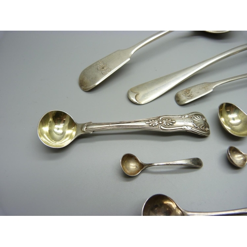 887 - Two silver ladles and six silver condiment and salt spoons, 209g