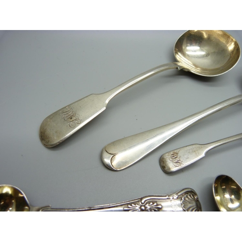 887 - Two silver ladles and six silver condiment and salt spoons, 209g