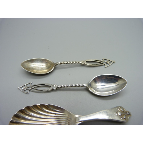 892 - Two silver caddy spoons and a pair of silver spoons by George Unite, 56g